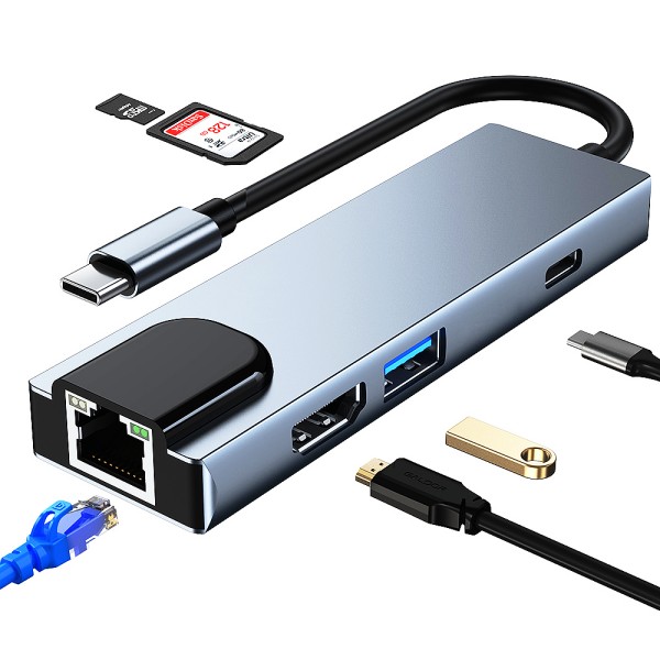 6 in 1 USB Type C Docking Station with HDMI+USB3.0+RJ45+PD+SD+TF