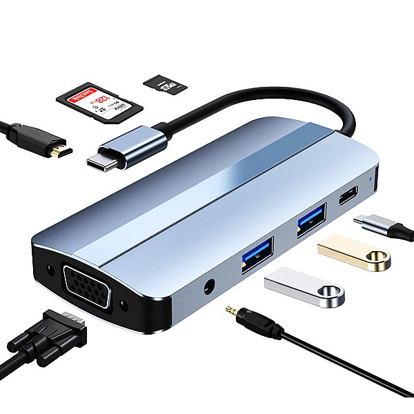 8 in 1 USB Type C Hub with USB3.0+USB2.0+AV+PD100W+VGA+HDMI+SD+TF